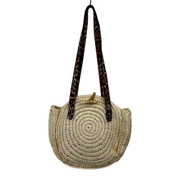 International Concepts Melania Circle Natural Tan Straw Circle Leopard Handbag - Picture 3 of 14